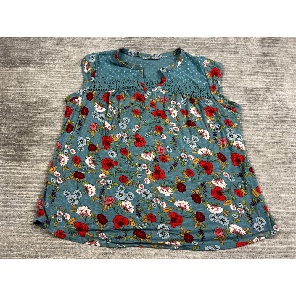 Daniel Rainn Top Womens 2X Blue Floral Sleeveless Crochet Lace Swiss Dot Blouse